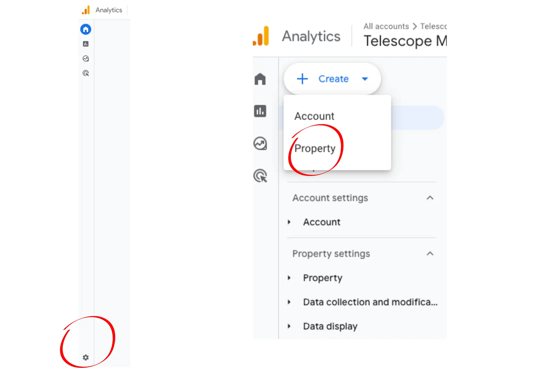 Image depicting how to set up admin and property in GA4.
