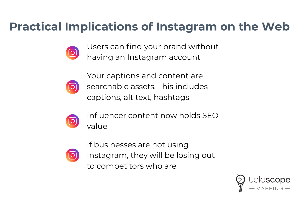 Implications of Instagram posts being searchable by Google and other search engines for businesses.