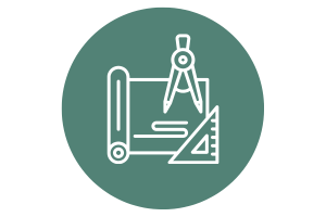 Green circle with a white blueprint and compass graphic to signify site architecture.