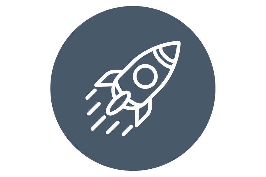 Blue-grey circle with a white rocket ship graphic in the middle to signify performance.