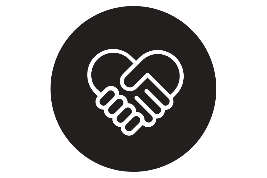 Black circle with a handshake graphic in the shape of a heart to signify partnership