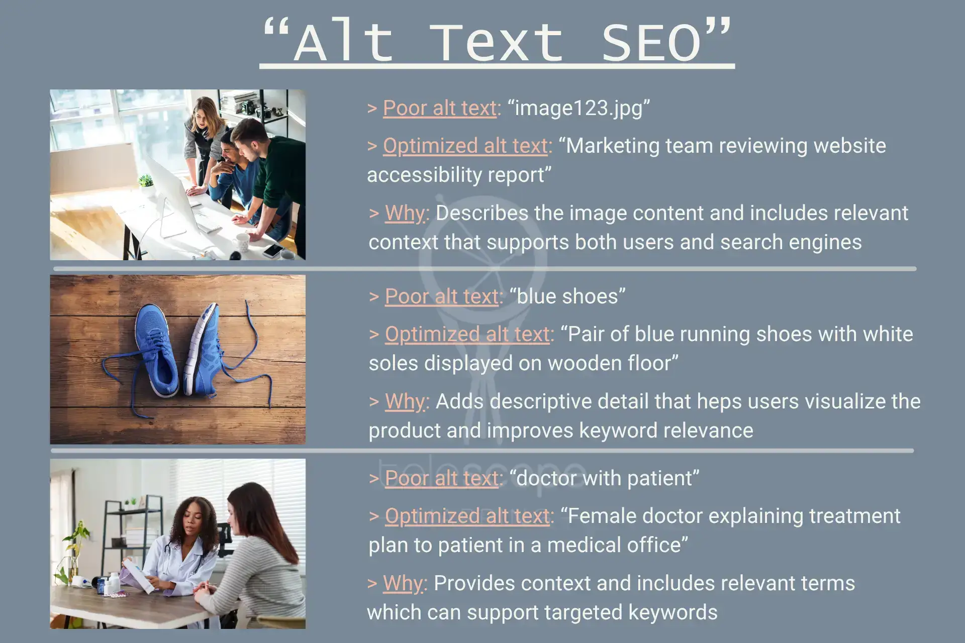 Infographic describing how to properly set alt text