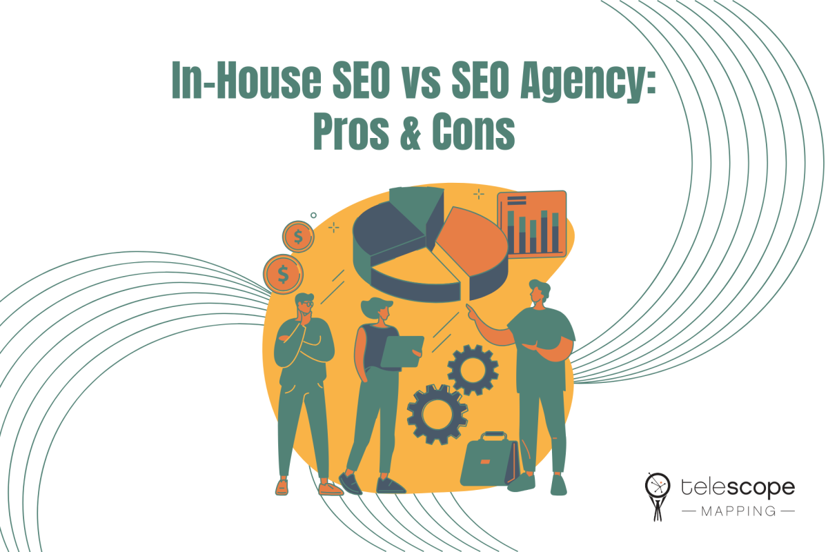 Featured image for a blog article, "In-House SEO vs SEO Agency: Pros & Cons" with a graphic of people discussing marketing trends.