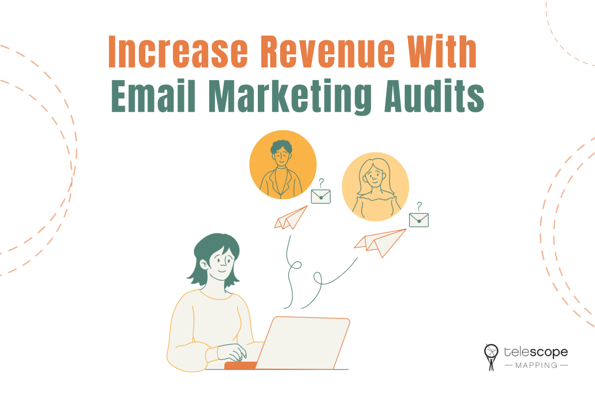 Featured image for a blog article, "Increase Revenue With Email Marketing Audits" with a graphic of a person sending emails.
