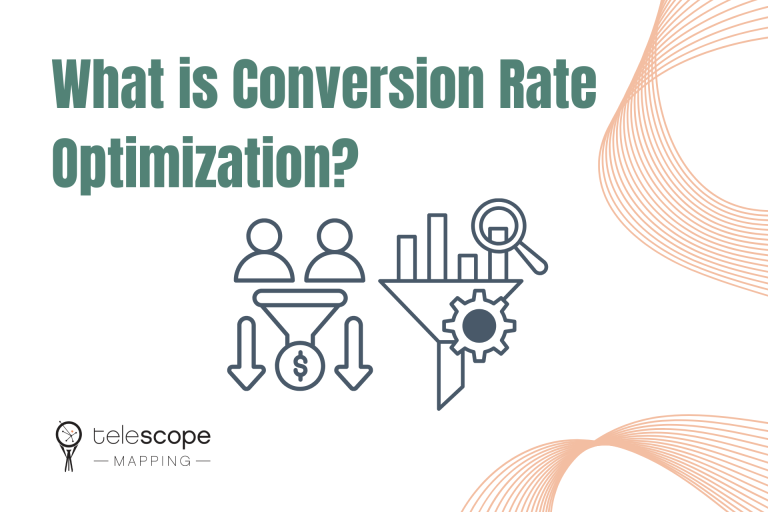 Featured image for a blog article, "What is Conversion Rate Optimization?" with graphics depicting sales funnels next to an orange organic line design.