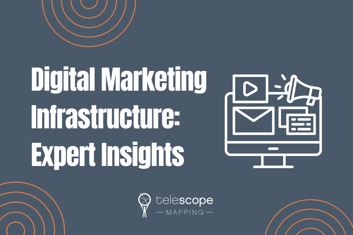 Featured image for a blog article, "Digital Marketing Infrastructure: Expert Insights" with a white graphic of a computer with various applications open on a dark grey background.
