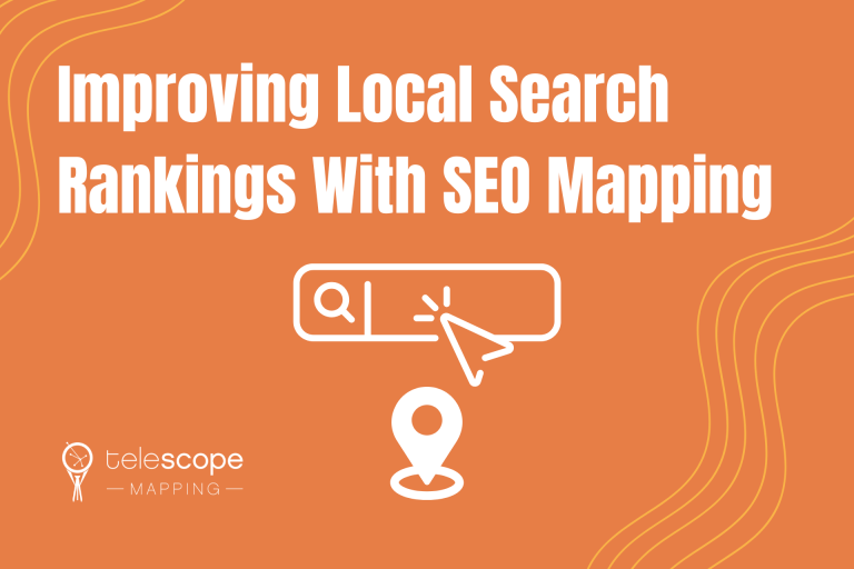 Featured image for a blog article, "Improving Local Search Rankings With SEO Mapping" with a white graphic of a search bar with a map pin below it on an orange background.
