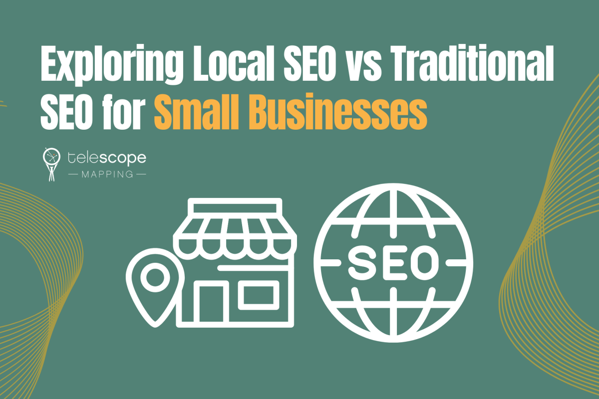 Featured image for a blog article, "Exploring Local SEO vs Traditional SEO for Small Businesses" with an SEO graphic in the shape of earth and a storefront graphic, all on a green background.