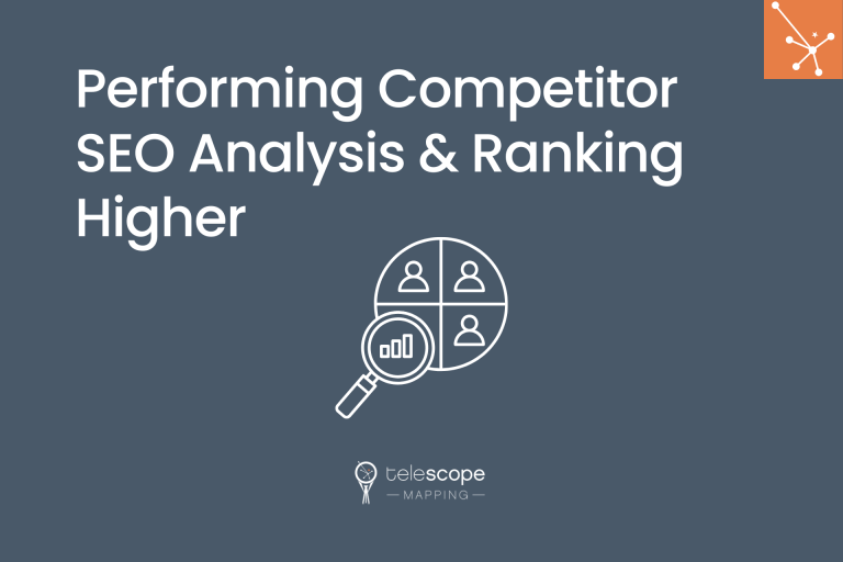 Featured image for a blog article, "Performing Competitor SEO Analysis & Ranking Higher" with a graphic of a magnifying glass inspecting digital analytics and profiles, all on a dark blue background.