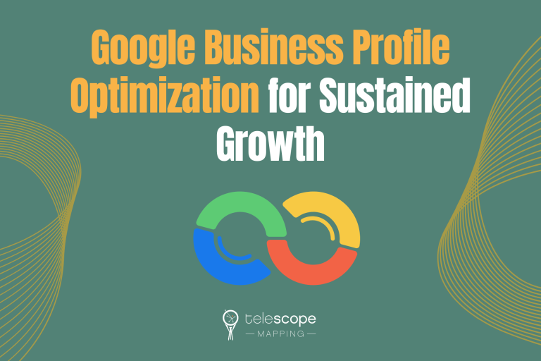 Featured image for a blog article, "Google Business Profile Optimization for Sustained Growth" with a graphic of an infinity symbol with green, yellow, red, and blue accent colors, all on a green background with yellow organic line designs.