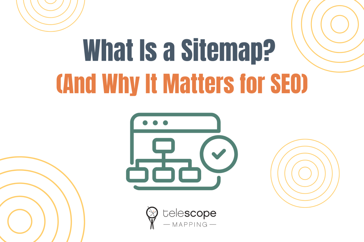 Featured image for a blog article, "What Is a Sitemap? (And Why It Matters for SEO)" with a green graphic of a sitemap on a white background with yellow circular designs scattered throughout the page.