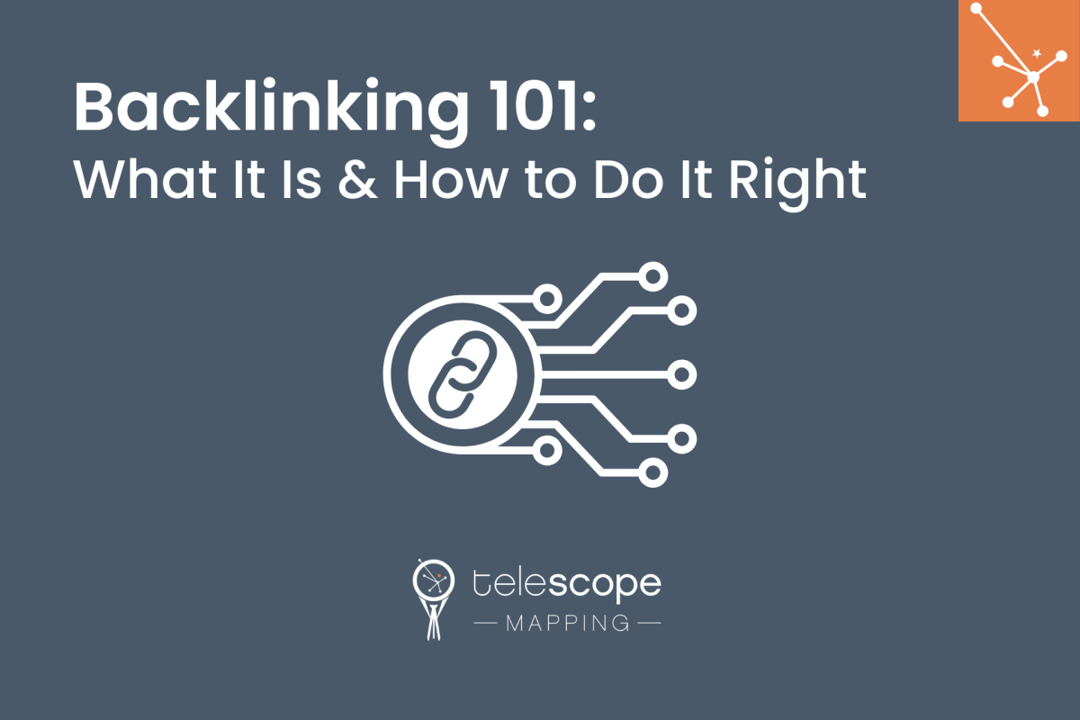 Featured image for a blog article, "Backlinking 101: What It Is + How to Do It Right" with a white graphic of the digital "link" symbol branching out in different directions, all on a dark grey background.