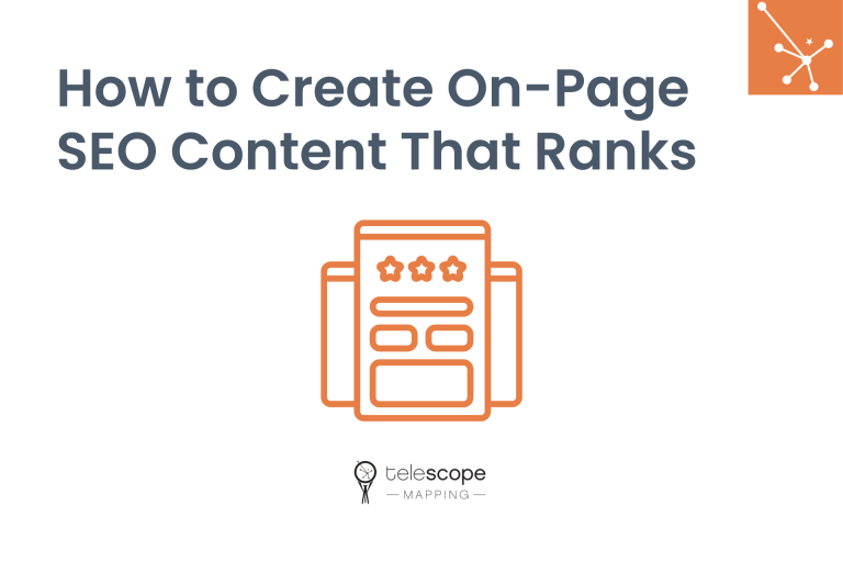 Featured image for a blog article, "How to Create On-Page SEO Content That Ranks" with an orange graphic of a web page with three stars on a white background.