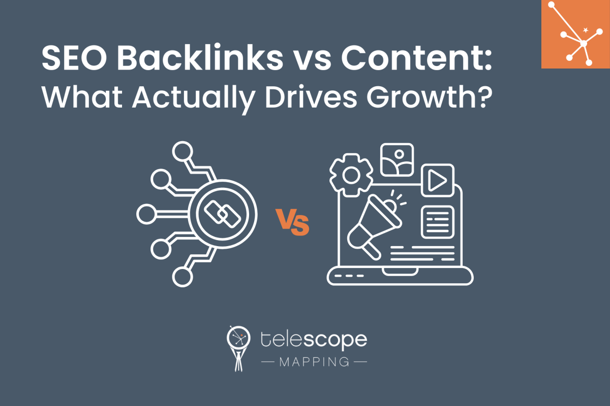Featured image for a blog article, "SEO Backlinks vs Content: What Actually Drives Growth?" with white graphics of the digital "link" symbol and various digital marketing avenues, all on a dark grey background.