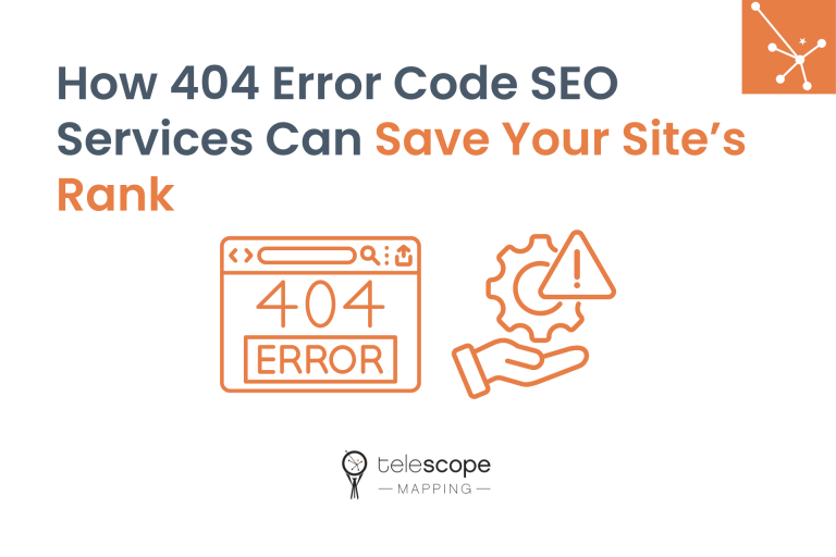 Featured image for a blog article, "How 404 Error Code SEO Services Can Save Your Site’s Rank" with orange graphics of a 404 error webpage and a hand helping to fix it, all on a white background.