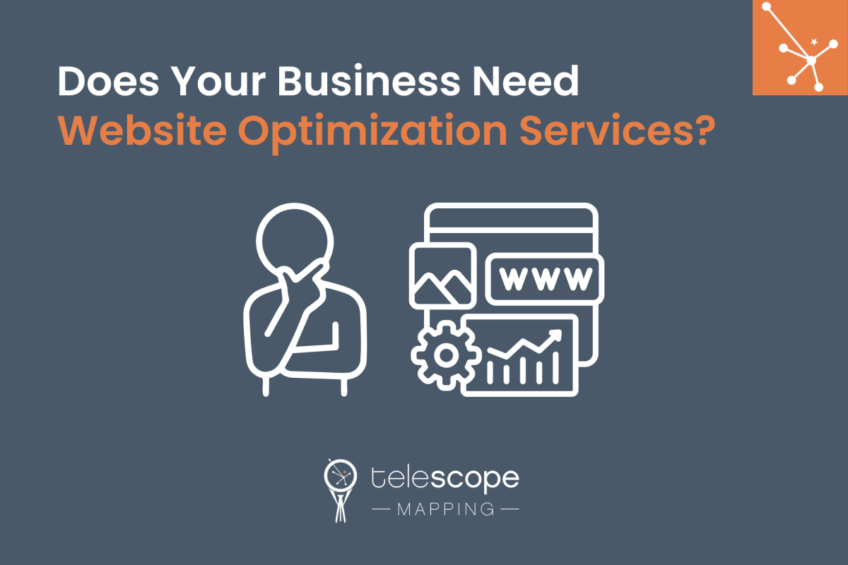 Featured image for a blog article, "Does Your Business Need Website Optimization Services?" with white graphics of a person thinking and digital analytics, all on a grey background.