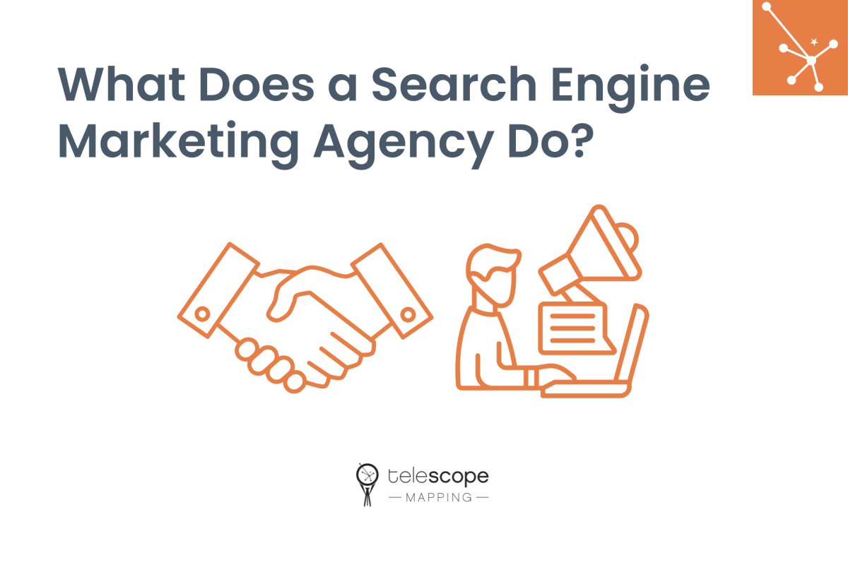 Featured image for a blog article, "What Does a Search Engine Marketing Agency Do?" with orange graphics of a handshake and someone working on a computer, all on a white background.