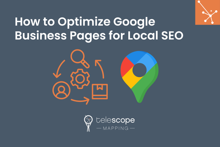 Featured image for a blog article, "How to Optimize Google Business Pages for Local SEO" with SEO-related graphics and a location pin, all on a dark grey background.