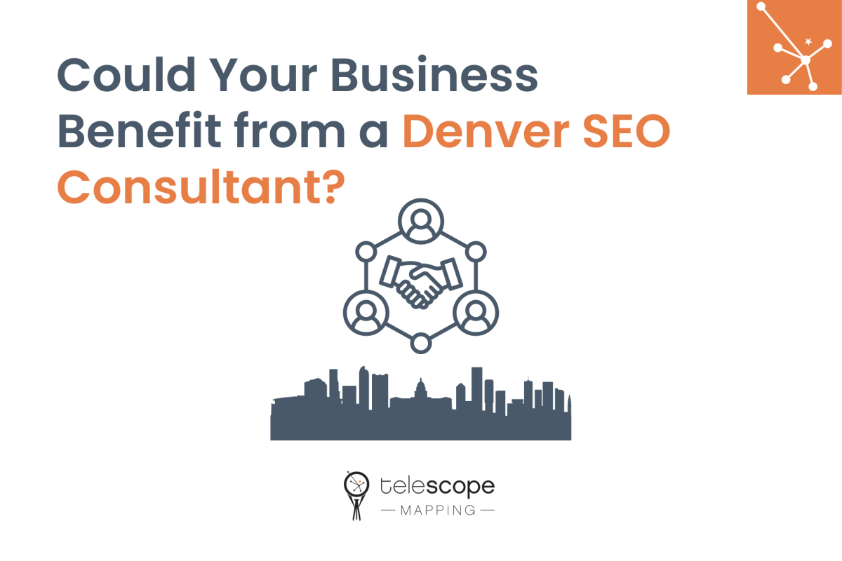 Featured image for a blog article, "Could Your Business Benefit from a Denver SEO Consultant?" with a graphic of hands shaking above the Denver skyline, all on a white background.