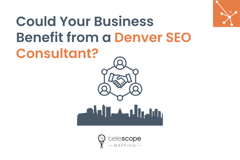 Featured image for a blog article, "Could Your Business Benefit from a Denver SEO Consultant?" with a graphic of hands shaking above the Denver skyline, all on a white background.