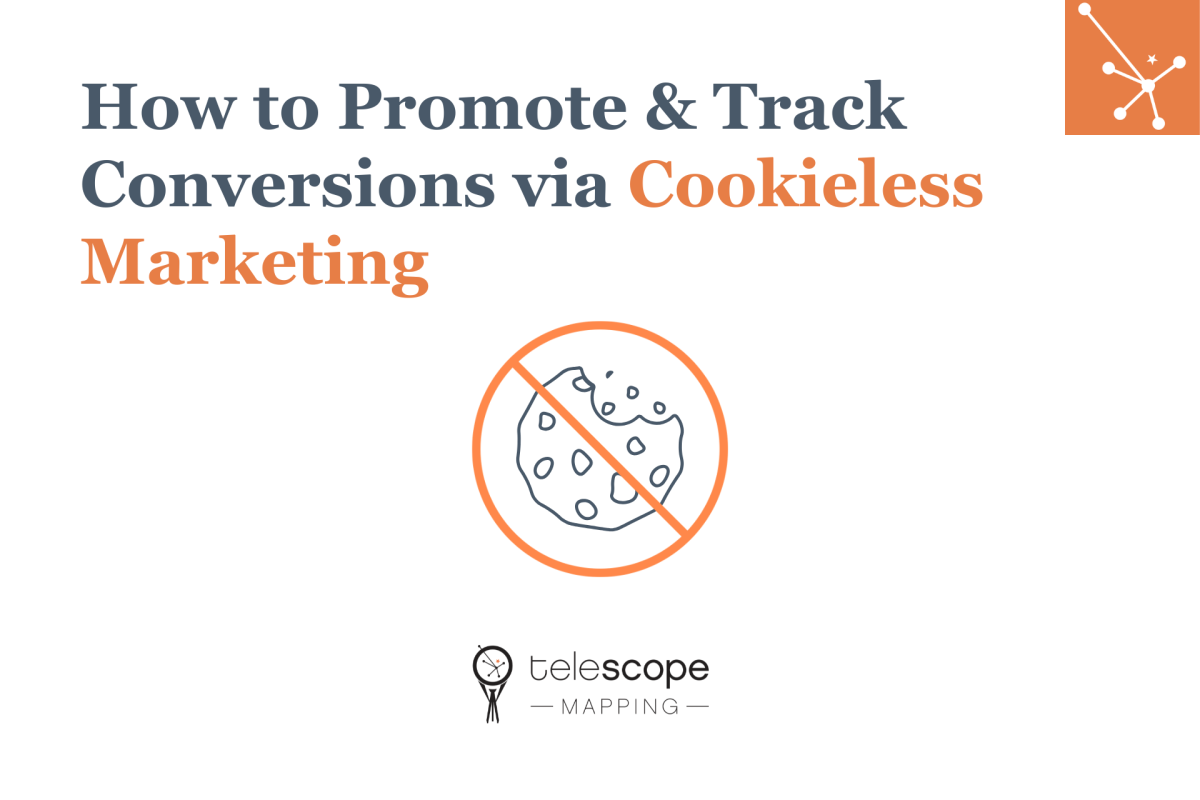 Featured image for a blog article, "How to Promote & Track Conversions via Cookieless Marketing" with a grey and orange graphic of a cookie with a "prohibited" signal over it, all on a white background.