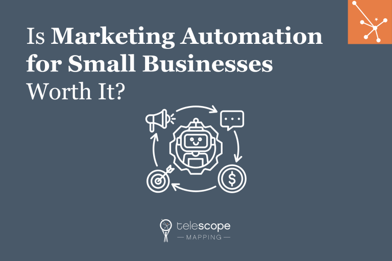 Featured image for a blog article, "Is Marketing Automation for Small Businesses Worth It?" with a white graphic depicting automated marketing on a dark grey background.