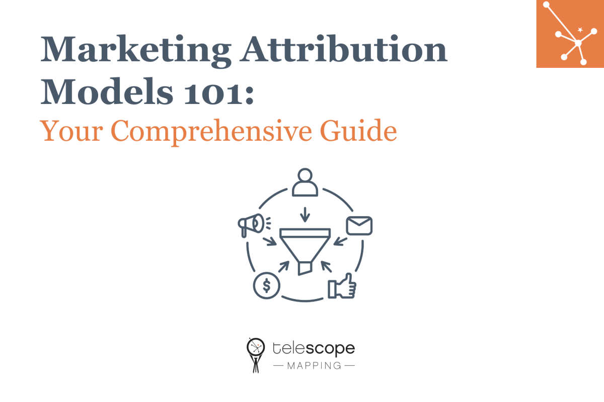 Featured image for a blog article, "Marketing Attribution Models 101: Your Comprehensive Guide" with a grey graphic of various marketing channels connected to a funnel, on a white background with orange accents.