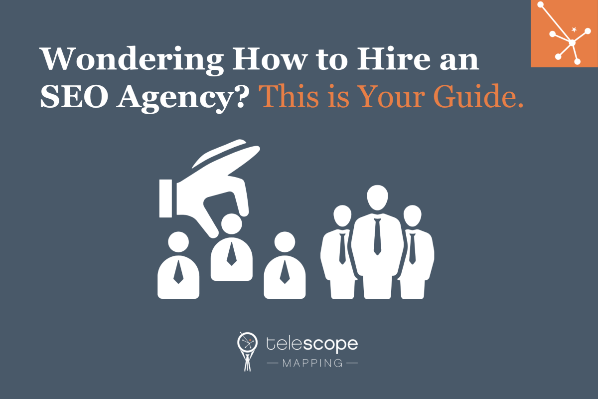 Featured image for a blog article, "Wondering How to Hire an SEO Agency? This is Your Guide." with a white graphic of a hand picking an individual from a crowd, all on a dark grey background.