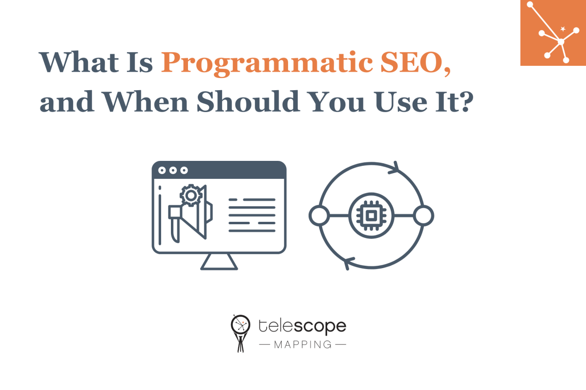 Featured image for a blog article, "What Is Programmatic SEO, and When Should You Use It?" with grey graphics of a tech chip and a computer monitor on a white background.