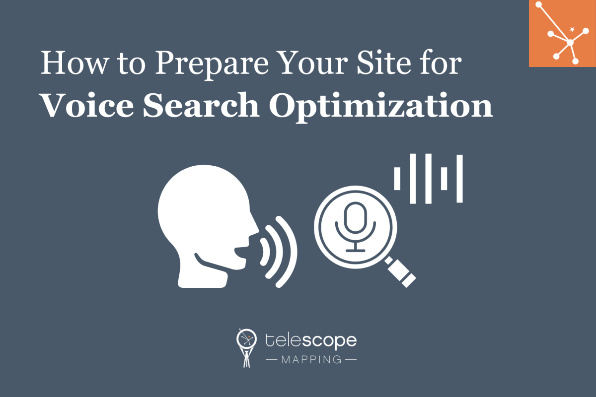 Featured image for a blog article, "How to Prepare Your Site for Voice Search Optimization" with white graphics of a person speaking next to a microphone in a magnifying glass, all on a dark grey background.