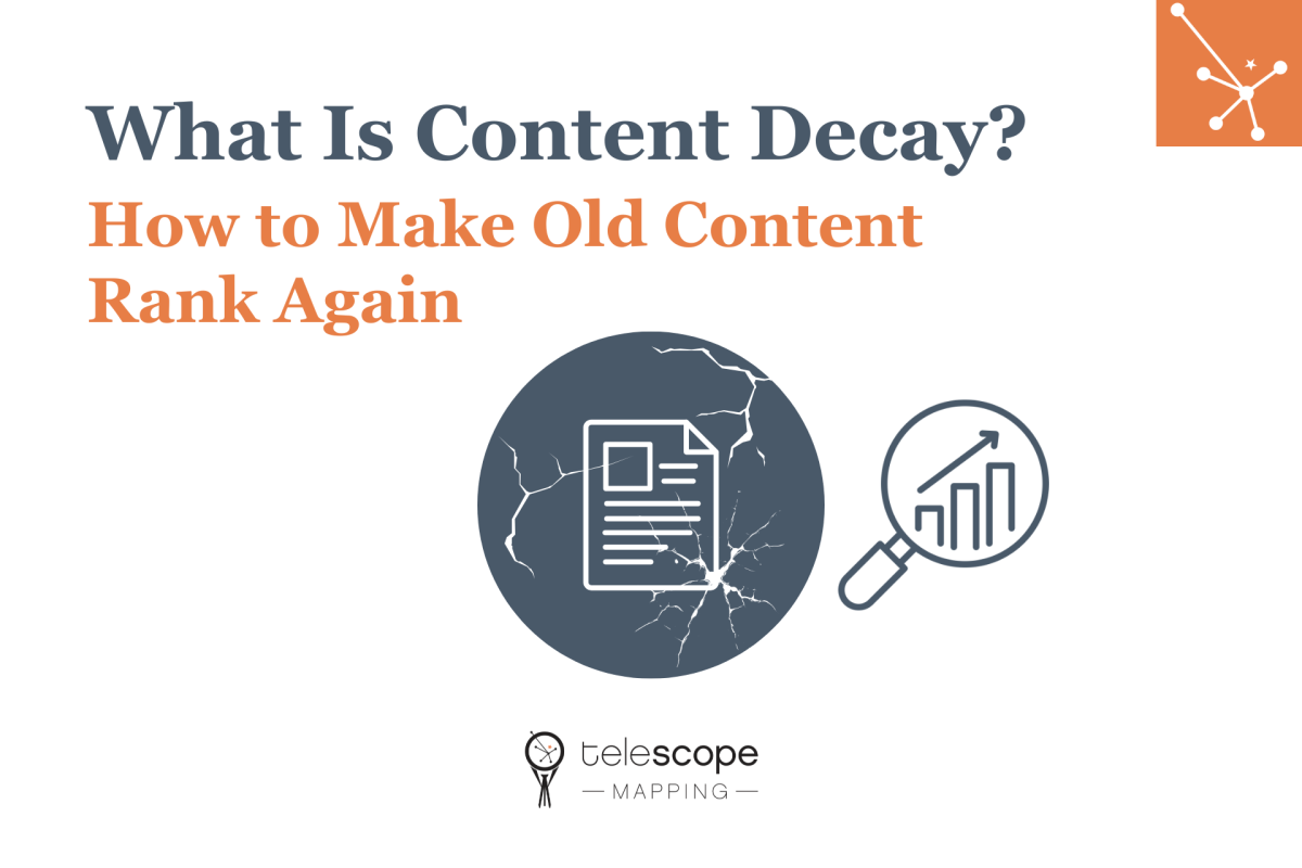 Featured image for a blog article, "What Is Content Decay? How to Make Old Content Rank Again" with grey graphics of a cracked piece of content and a magnifying glass looking at statistical growth, all on a white background.