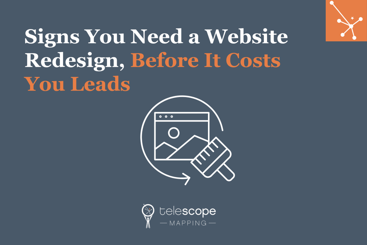 Featured image for a blog article, "Signs You Need a Website Redesign, Before It Costs You Leads" with a white graphic of a paintbrush next to a web browser all on a dark grey background.