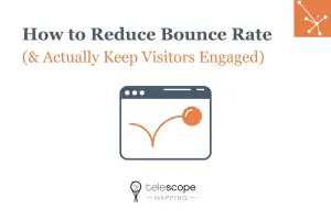 Featured image for a blog article, "How to Reduce Bounce Rate (& Actually Keep Visitors Engaged)" with a graphic of a web window with a ball bouncing, all on a white background.