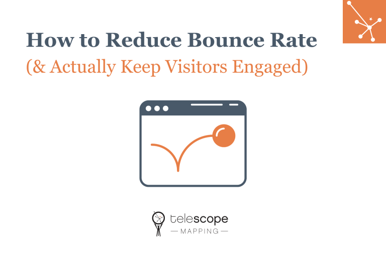 Featured image for a blog article, "How to Reduce Bounce Rate (& Actually Keep Visitors Engaged)" with a graphic of a web window with a ball bouncing, all on a white background.