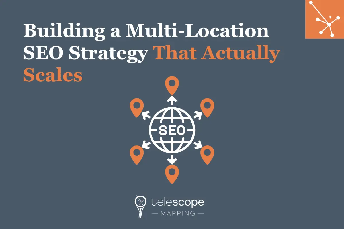 Featured image for a blog article, "Building a Multi-Location SEO Strategy That Actually Scales" with a graphic of a globe with "SEO" on it dispersing to various locations, all on a dark grey background.