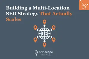 Featured image for a blog article, "Building a Multi-Location SEO Strategy That Actually Scales" with a graphic of a globe with "SEO" on it dispersing to various locations, all on a dark grey background.