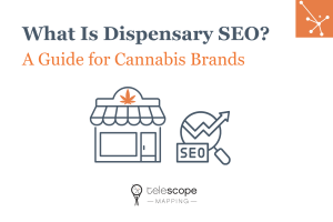 Featured image for a blog article, "What Is Dispensary SEO? A Guide for Cannabis Brands" with dark grey graphics of a dispensary and an SEO magnifying glass, all on a white background.